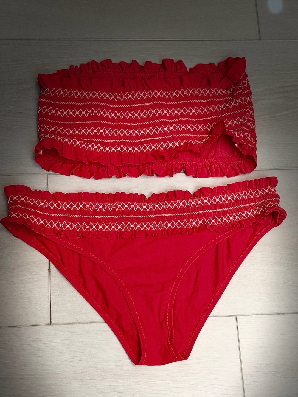 Tory Burch Red Smocked Ruffle Bandeau Bikini